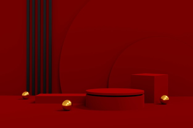 Red marble circle podium on red background cosmetic with copy space  3D illustration