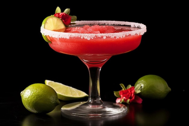 Red margarita tequila liquer lime strawberry salt lemon peel side view