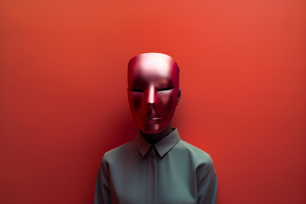 A red mask with a silver face stands against a red background.