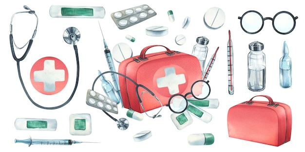 Red medical case first aid kit with stethoscope injections plaster pills and glasses Watercolor illustration hand drawn Composition with elements isolated on white background