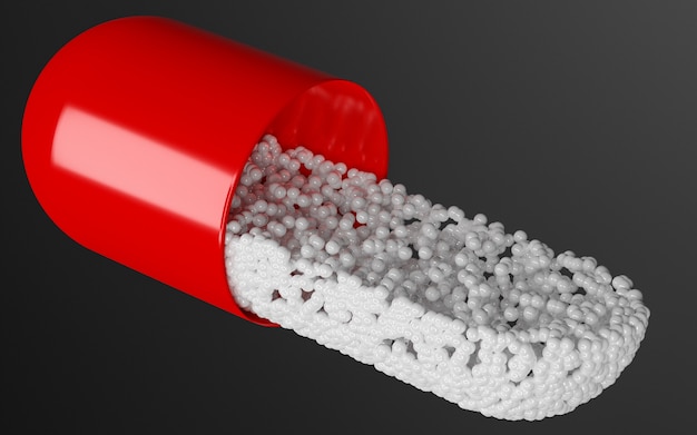 Red medicine capsule opened with the contents coming out of it on a black background. 3d render