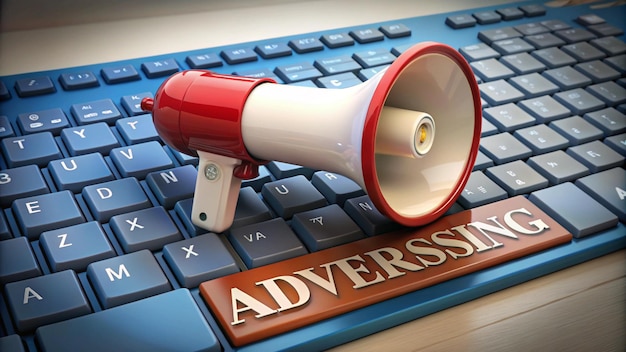 a red megaphone on a keyboard with a wooden sign that says quot advertisment quot