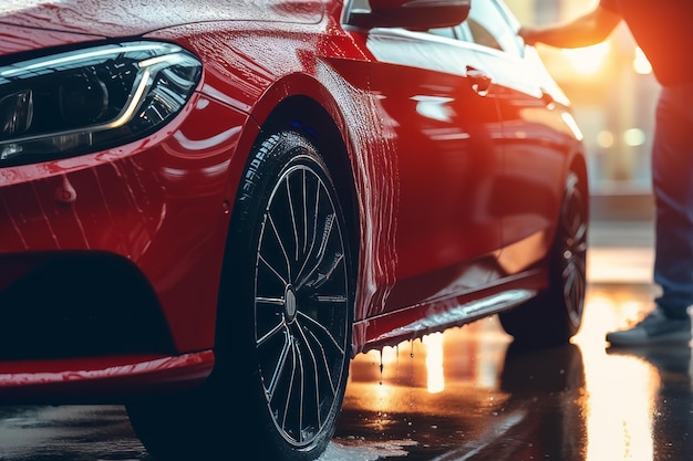 A red mercedes - benz car is parked in a puddle on a wet road.