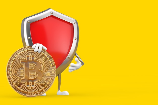 Red Metal Protection Shield Character Mascot with Digital and Cryptocurrency Golden Bitcoin Coin on a yellow background. 3d Rendering