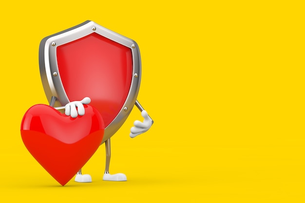 Red Metal Protection Shield Character Mascot with Red Heart on a yellow background. 3d Rendering