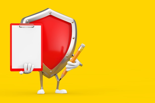 Photo red metal protection shield character mascot with red plastic clipboard, paper and pencil on a yellow background. 3d rendering