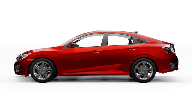 Red mid-size urban family sedan on a white uniform background. 3d rendering.