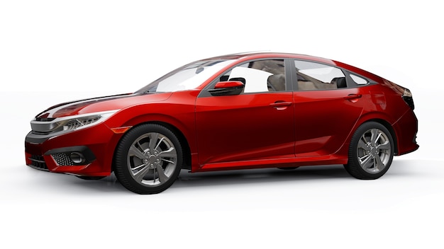 Red mid-size urban family sedan on a white uniform background. 3d rendering.