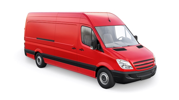 Red midsize commercial van on a white background A blank body for applying your design inscriptions and logos 3d illustration