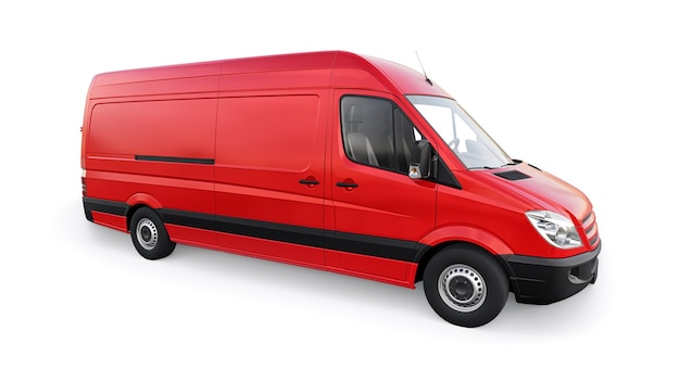 Red midsize commercial van on a white background A blank body for applying your design inscriptions and logos 3d illustration