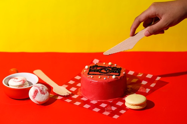 Red Mini Cake on Pop Color Background Concept Birthday Cake Celebration