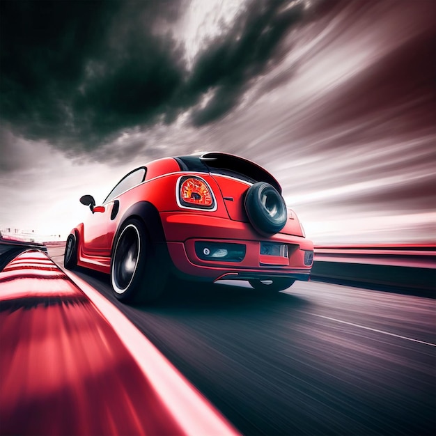 A red mini cooper driving on a road with a cloudy sky in the background