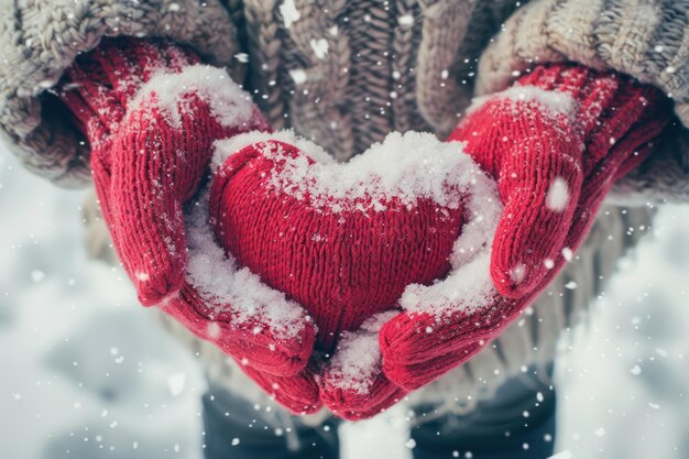 Photo red mittens holding snow