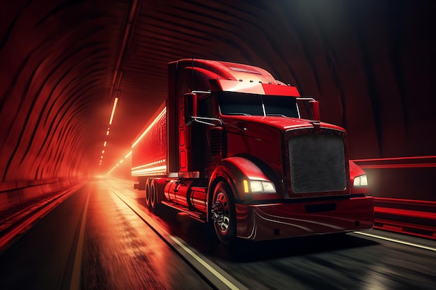 Red modern semi truck on the highway at night with fog 3d rendering