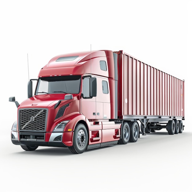 Red modern semitrailer truck on white background with shadow 3d rendering