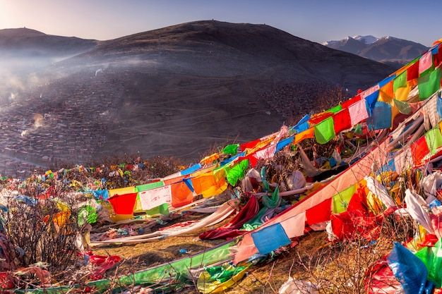 Red monastery and home at Larung gar (Buddhist Academy) in sunshine day and is blue sky