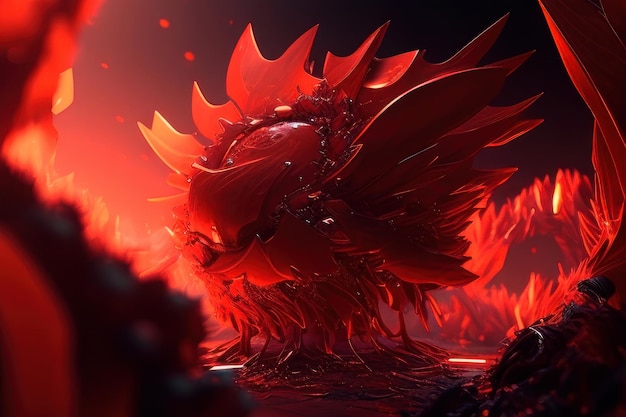 A red monster with a spiky head and a red background.