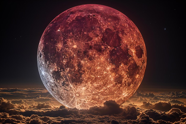 Red moon against dark sky with thick clouds