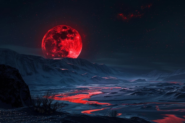 Photo red moon hangs low over snowy mountains a red moon hanging low in the night sky casting a bloodred glow over the landscape