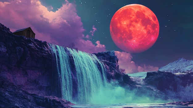 a red moon hangs over a waterfall