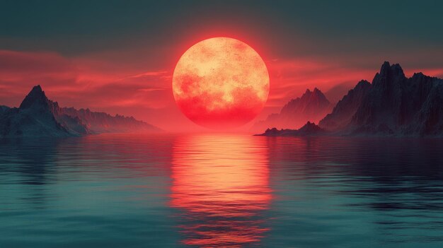 Photo a red moon is reflected in the water