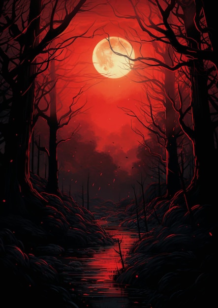 A red moon is shining over a dark forest with a stream generative ai