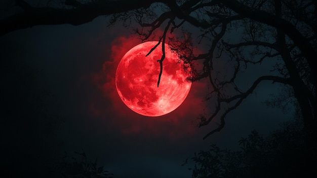 Photo a red moon is shining through a tree branch