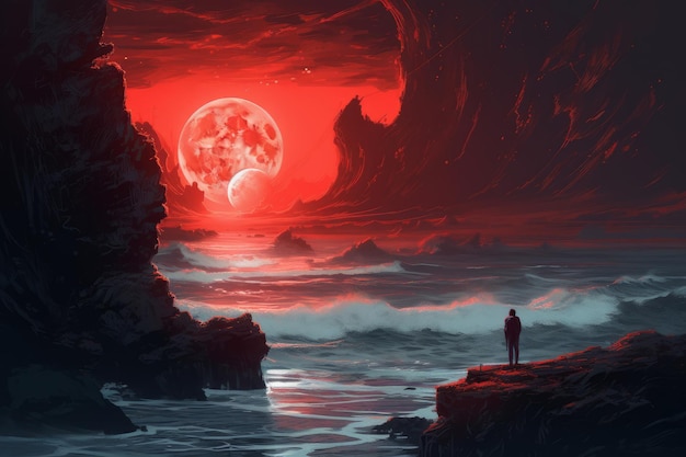 A red moon is visible over the ocean.