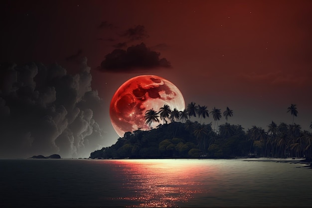 A red moon rises over a tropical island.