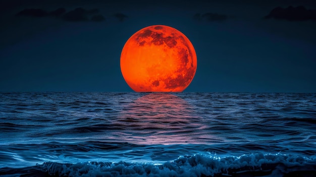 Red Moon Rising Total Lunar Eclipse over the Oceans Blood moon reflection on sea waters