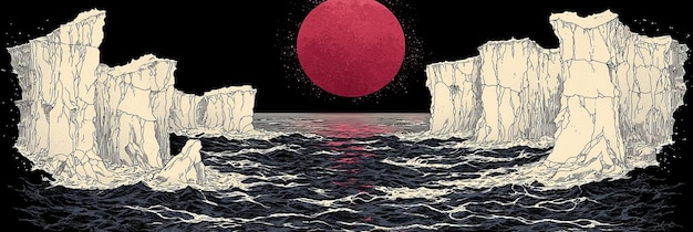 Red Moon Over Rocky Sea