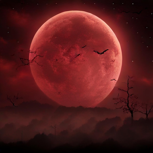 Photo a red moon with bats flying in front of it