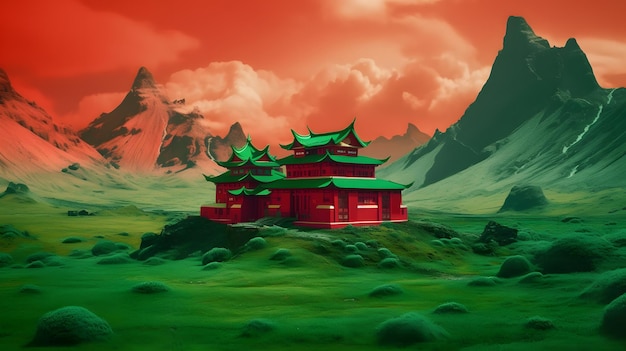 A red mountain with a green roof and a red sky with clouds in the background.