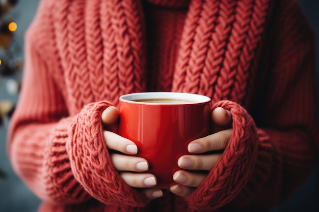 a red mug in the hands of those dressed in knitted mittens against the backdrop of a blurred snow landscape