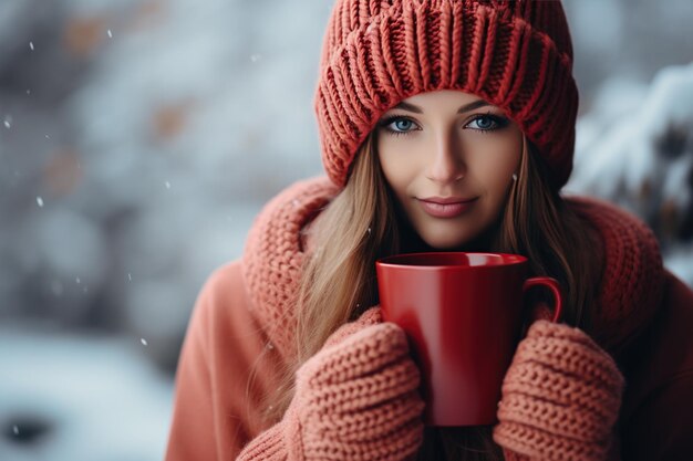 a red mug in the hands of those dressed in knitted mittens against the backdrop of a blurred snow landscape