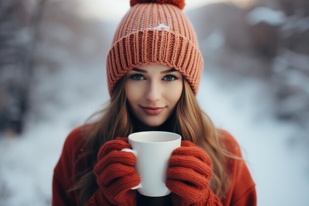 a red mug in the hands of those dressed in knitted mittens against the backdrop of a blurred snow landscape