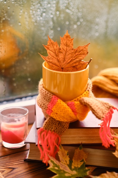 Red mug with a scarf and red leaf against the background of the window after the rain. warming autumn drinks. cozy home athmosphere