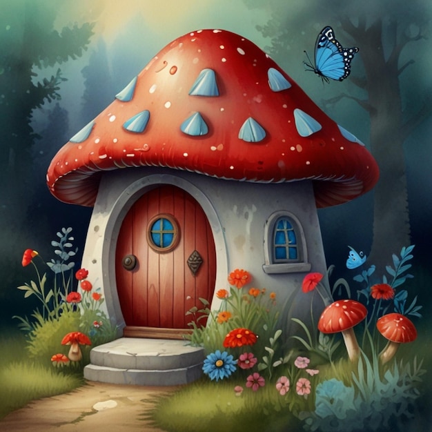 A red mushroom house with a white door and a window The house is surrounded by several red mushrooms