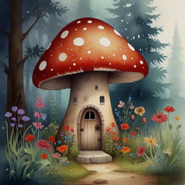 A red mushroom house with a white door and a window The house is surrounded by several red mushrooms