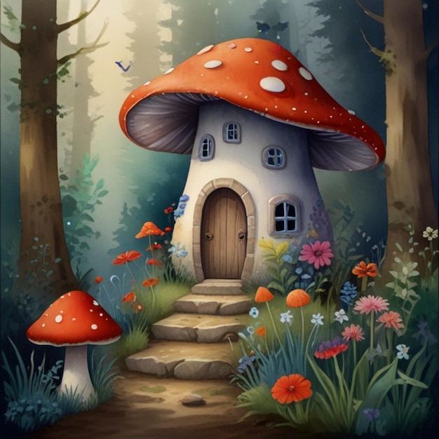 A red mushroom house with a white door and a window The house is surrounded by several red mushrooms