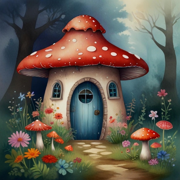 A red mushroom house with a white door and a window The house is surrounded by several red mushrooms