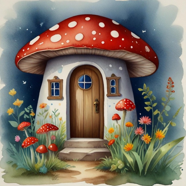 A red mushroom house with a white door and a window The house is surrounded by several red mushrooms