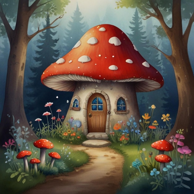 A red mushroom house with a white door and a window The house is surrounded by several red mushrooms