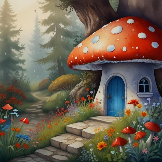 A red mushroom house with a white door and a window The house is surrounded by several red mushrooms