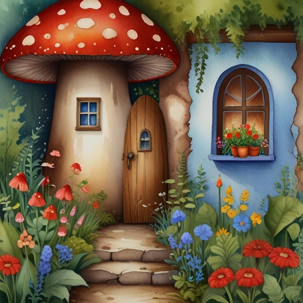 A red mushroom house with a white door and a window The house is surrounded by several red mushrooms