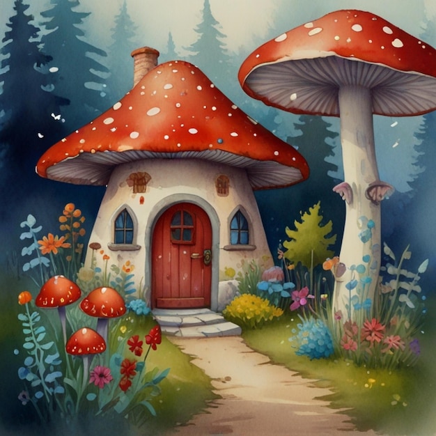 A red mushroom house with a white door and a window The house is surrounded by several red mushrooms