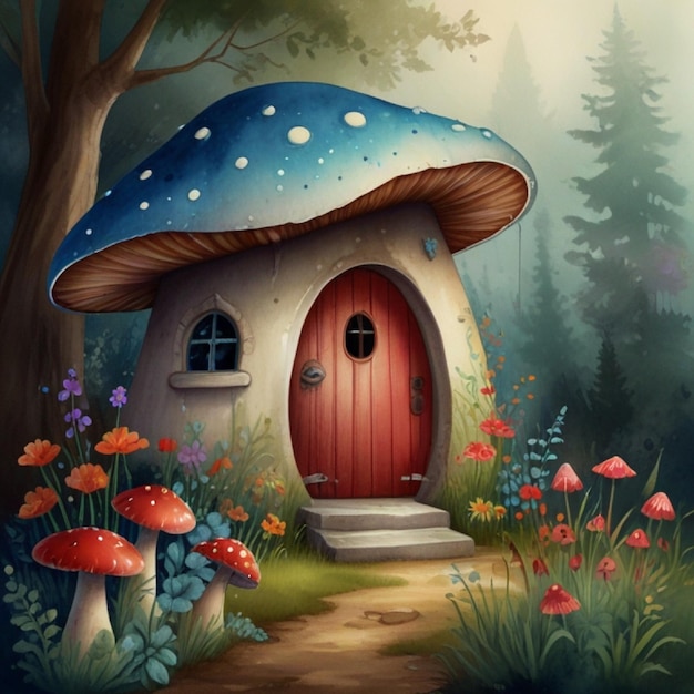 A red mushroom house with a white door and a window The house is surrounded by several red mushrooms