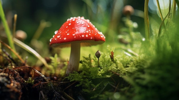 a red mushroom is sitting on a forest floor in the style of enchanting lighting dark magenta and light green