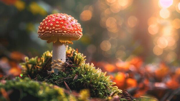 a red mushroom with white dots on it sits on a mossy surface