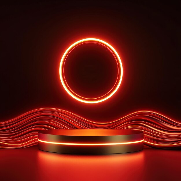 Photo red neon circle and podium on abstract background